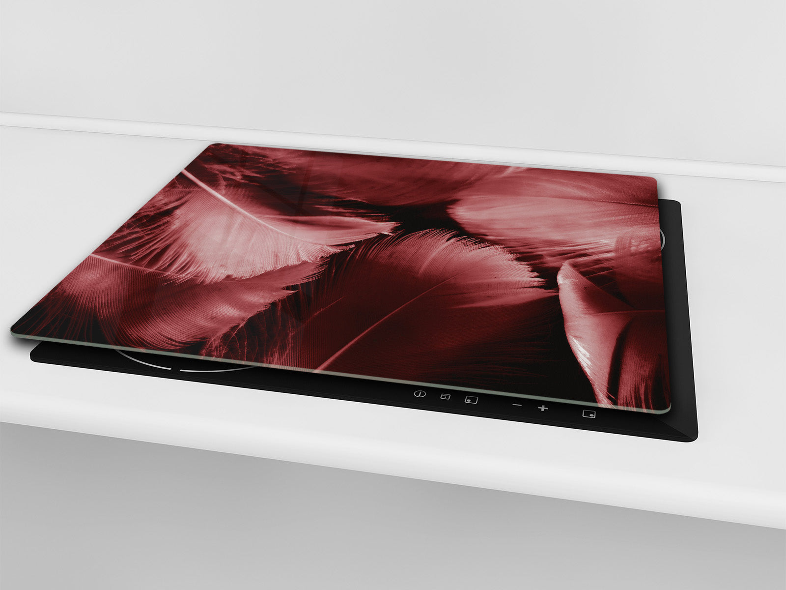 TEMPERED GLASS CHOPPING BOARD – Glass Cutting Board and Worktop Saver; MEASURES: SINGLE: 60 x 52 cm (23,62” x 20,47”); DOUBLE: 30 x 52 cm (11,81” x 20,47”); D36 Textures Series : White and red feathers