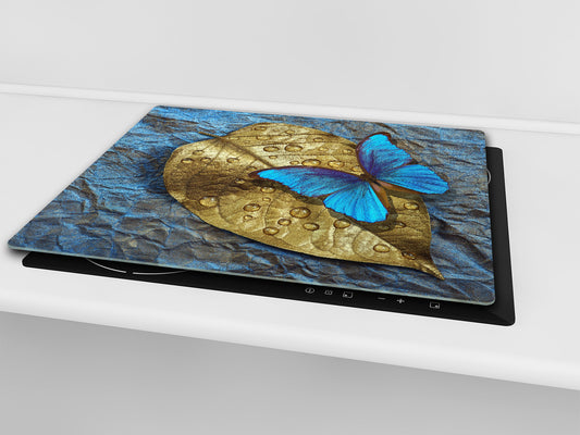 Induction Cooktop Cover Kitchen Board – Impact Resistant Glass Pastry Board; MEASURES: SINGLE: 60 x 52 cm (23,62” x 20,47”); DOUBLE: 30 x 52 cm (11,81” x 20,47”); D37 Animals Series : Tropical butterfly 1