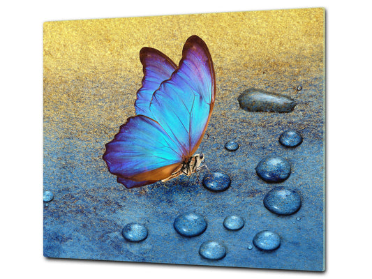Induction Cooktop Cover Kitchen Board – Impact Resistant Glass Pastry Board; MEASURES: SINGLE: 60 x 52 cm (23,62” x 20,47”); DOUBLE: 30 x 52 cm (11,81” x 20,47”); D37 Animals Series : Tropical butterfly 2