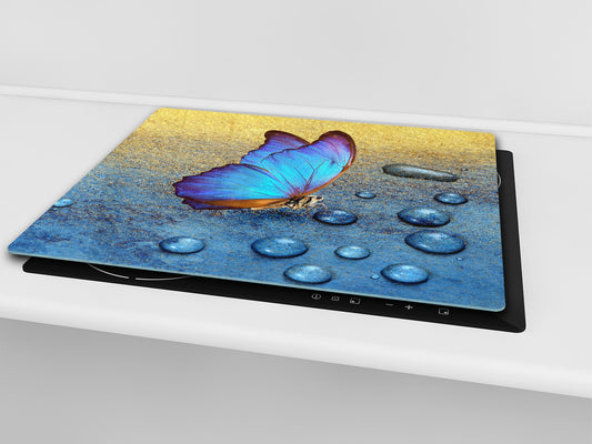 Induction Cooktop Cover Kitchen Board – Impact Resistant Glass Pastry Board; MEASURES: SINGLE: 60 x 52 cm (23,62” x 20,47”); DOUBLE: 30 x 52 cm (11,81” x 20,47”); D37 Animals Series : Tropical butterfly 2