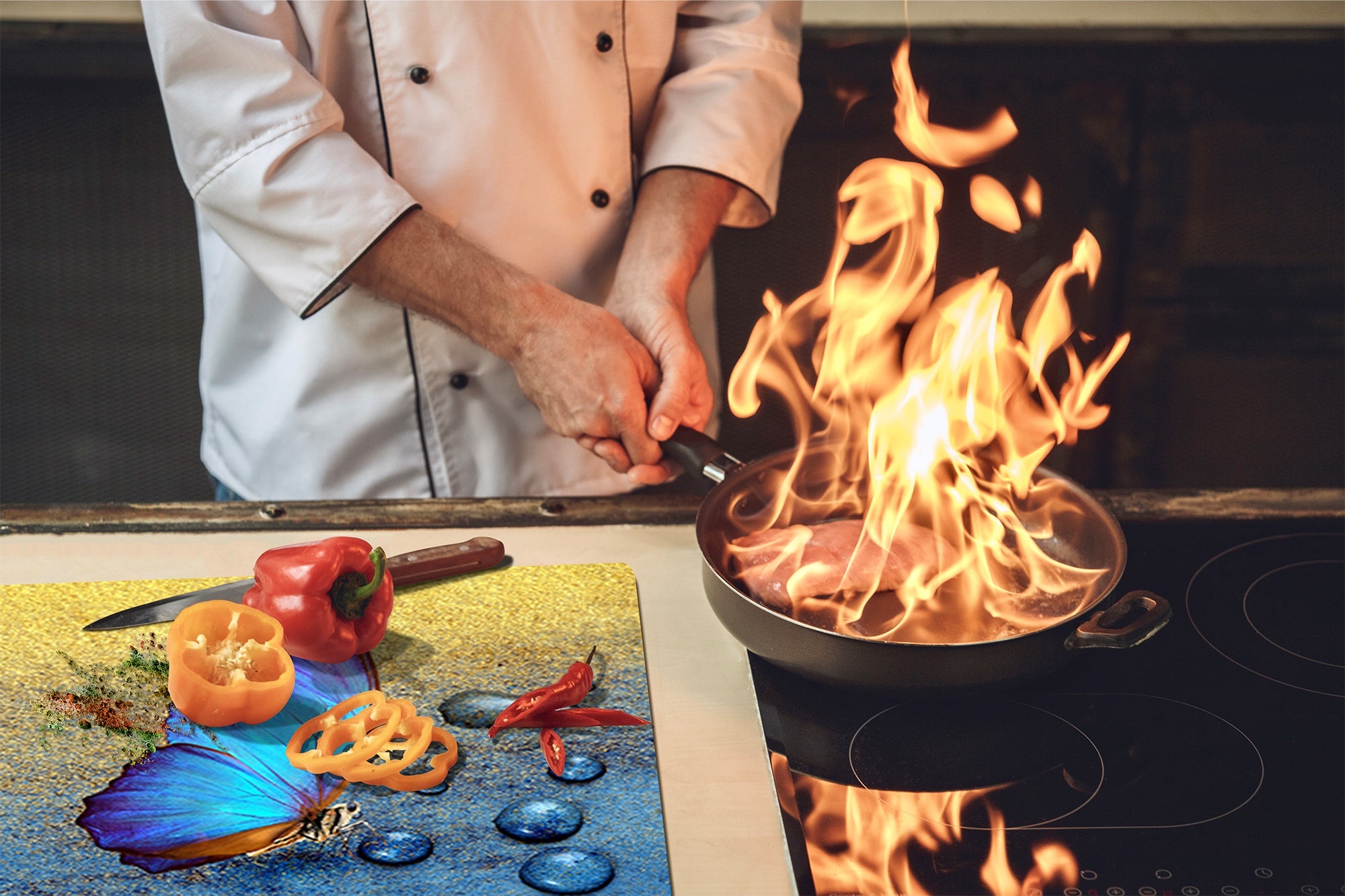 Induction Cooktop Cover Kitchen Board – Impact Resistant Glass Pastry Board; MEASURES: SINGLE: 60 x 52 cm (23,62” x 20,47”); DOUBLE: 30 x 52 cm (11,81” x 20,47”); D37 Animals Series : Tropical butterfly 2