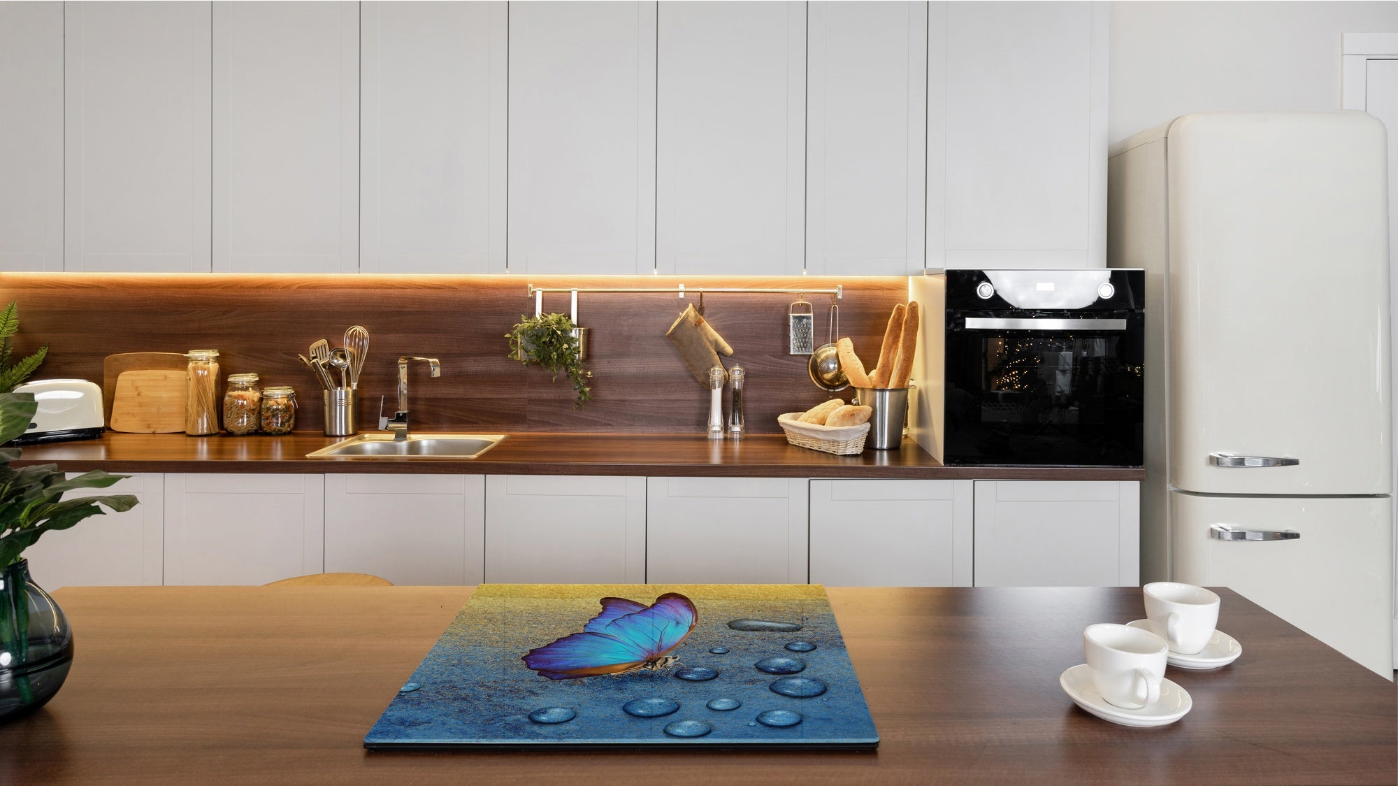 Induction Cooktop Cover Kitchen Board – Impact Resistant Glass Pastry Board; MEASURES: SINGLE: 60 x 52 cm (23,62” x 20,47”); DOUBLE: 30 x 52 cm (11,81” x 20,47”); D37 Animals Series : Tropical butterfly 2