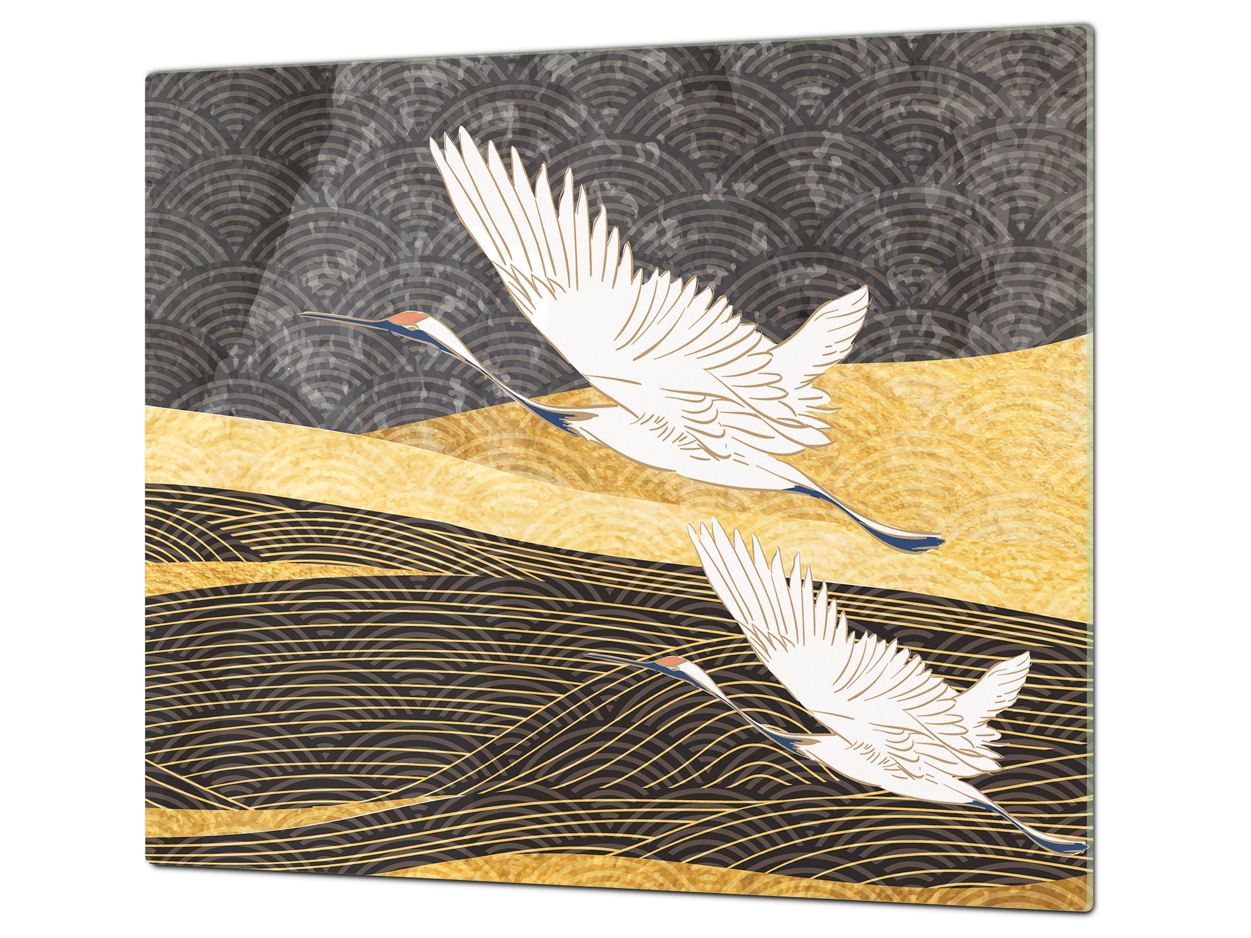 Tempered Glass Multi-Function Board: Cooktop Cover, Pastry and Hot Pot Stand and Worktop Saver – MEASURES: SINGLE: 60 x 52 cm; DOUBLE: 2 x 30 x 52 cm; D43 Abstract Concepts Series 2 : Japanese Crane Birds