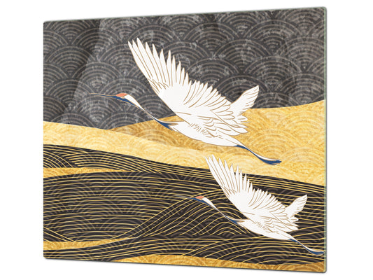 Tempered Glass Multi-Function Board: Cooktop Cover, Pastry and Hot Pot Stand and Worktop Saver – MEASURES: SINGLE: 60 x 52 cm; DOUBLE: 2 x 30 x 52 cm; D43 Abstract Concepts Series 2 : Japanese Crane Birds