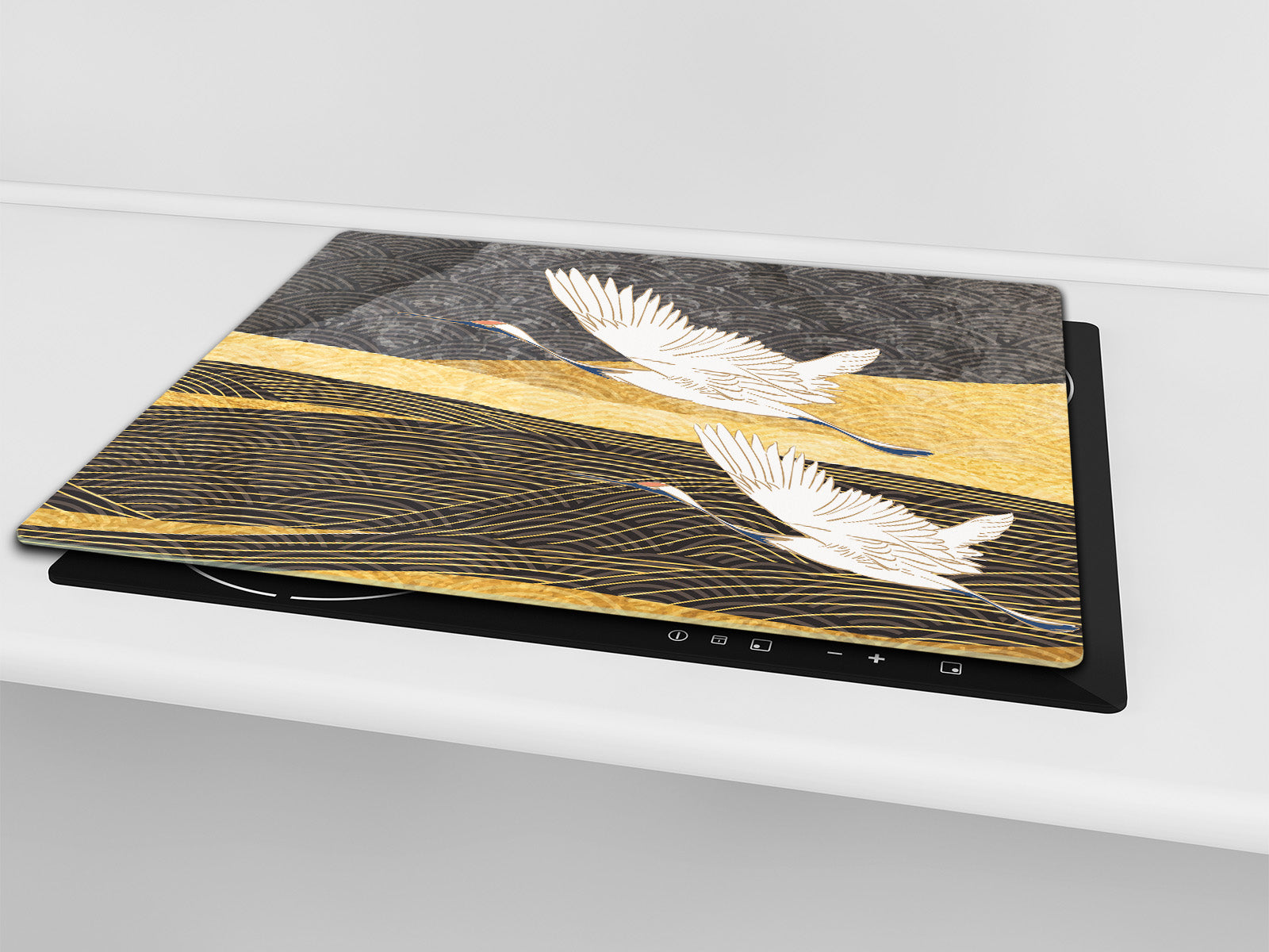 Tempered Glass Multi-Function Board: Cooktop Cover, Pastry and Hot Pot Stand and Worktop Saver – MEASURES: SINGLE: 60 x 52 cm; DOUBLE: 2 x 30 x 52 cm; D43 Abstract Concepts Series 2 : Japanese Crane Birds