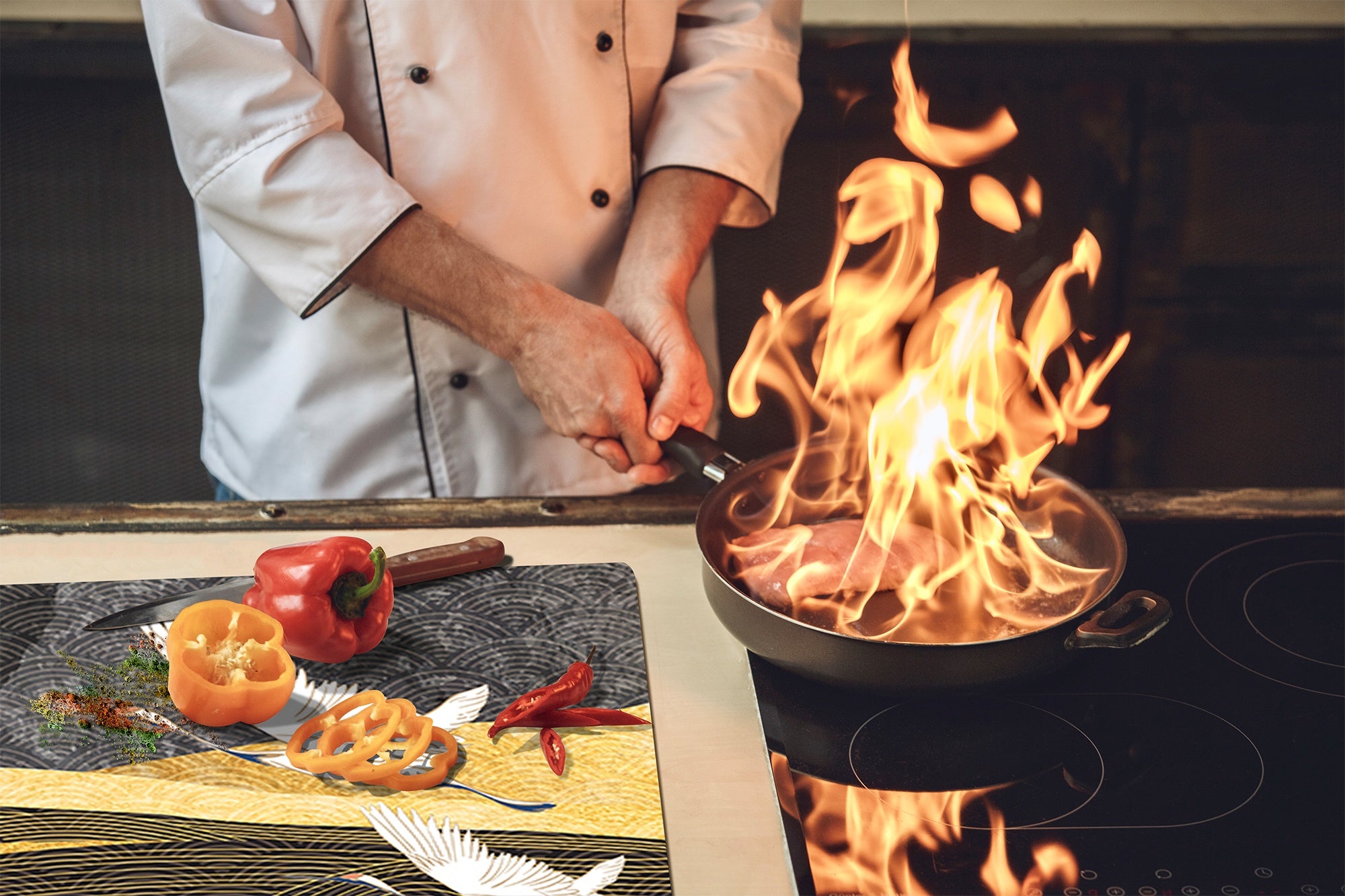 Tempered Glass Multi-Function Board: Cooktop Cover, Pastry and Hot Pot Stand and Worktop Saver – MEASURES: SINGLE: 60 x 52 cm; DOUBLE: 2 x 30 x 52 cm; D43 Abstract Concepts Series 2 : Japanese Crane Birds