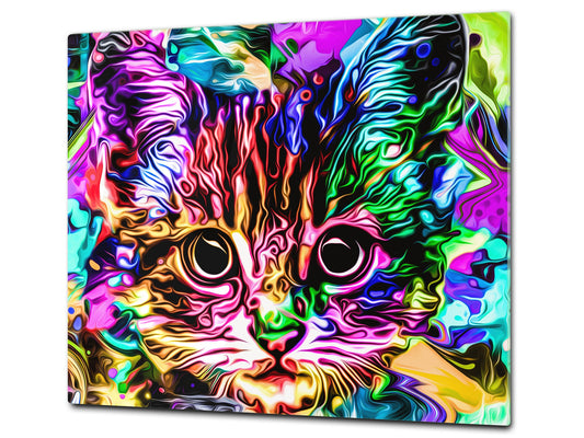 Induction Cooktop Cover Kitchen Board – Impact Resistant Glass Pastry Board; MEASURES: SINGLE: 60 x 52 cm (23,62” x 20,47”); DOUBLE: 30 x 52 cm (11,81” x 20,47”); D37 Animals Series : Colourful cat