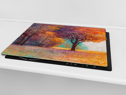 Premium Tempered Glass Cutting Board and Worktop Saver – Glass Pastry Board and Cooktop Cover – MEASURES: SINGLE: 60 x 52 cm; DOUBLE: 2 x 30 x 52 cm; D40 Colorful Illustrations Series : Orange Leaves