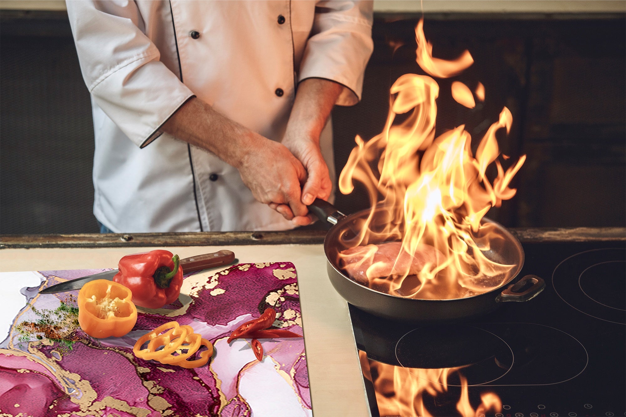 UNIQUE Tempered GLASS Kitchen Board –Scratch Resistant Glass Cutting Board – MEASURES: SINGLE: 60 x 52 cm (23,62” x 20,47”); DOUBLE: 30 x 52 cm (11,81” x 20,47”); D35 Art Series : Liquid colours 5