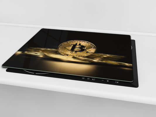 Chopping Board - Induction Cooktop Cover - Glass Cutting Board – Impact & Shatter Resistant – MEASURES: SINGLE: 60 x 52 cm; DOUBLE: 2 x 30 x 52 cm; D42 Modern Art Series : Physical Bitcoin