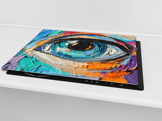 Premium Tempered Glass Cutting Board and Worktop Saver – Glass Pastry Board and Cooktop Cover – MEASURES: SINGLE: 60 x 52 cm; DOUBLE: 2 x 30 x 52 cm; D40 Colorful Illustrations Series : Multicolored Eye 1