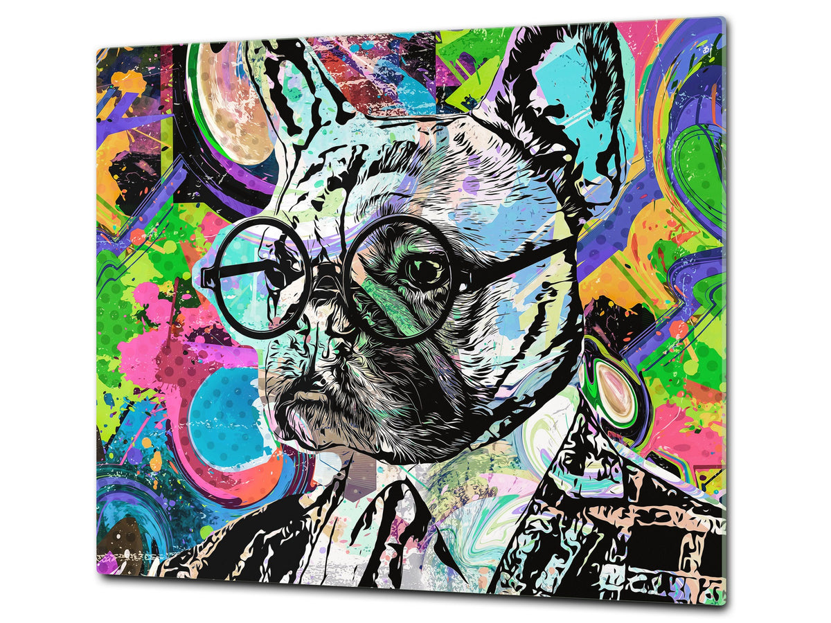 Induction Cooktop Cover Kitchen Board – Impact Resistant Glass Pastry Board; MEASURES: SINGLE: 60 x 52 cm (23,62” x 20,47”); DOUBLE: 30 x 52 cm (11,81” x 20,47”); D37 Animals Series : Colourful bulldog