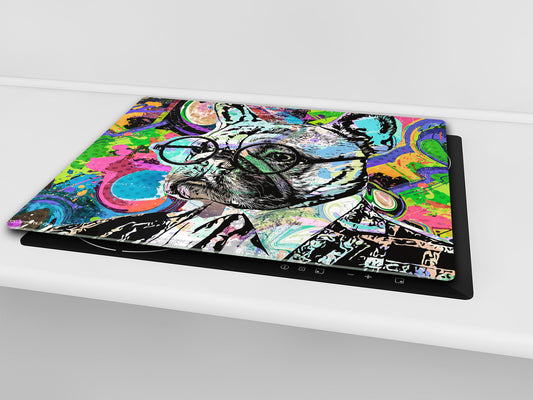 Induction Cooktop Cover Kitchen Board – Impact Resistant Glass Pastry Board; MEASURES: SINGLE: 60 x 52 cm (23,62” x 20,47”); DOUBLE: 30 x 52 cm (11,81” x 20,47”); D37 Animals Series : Colourful bulldog