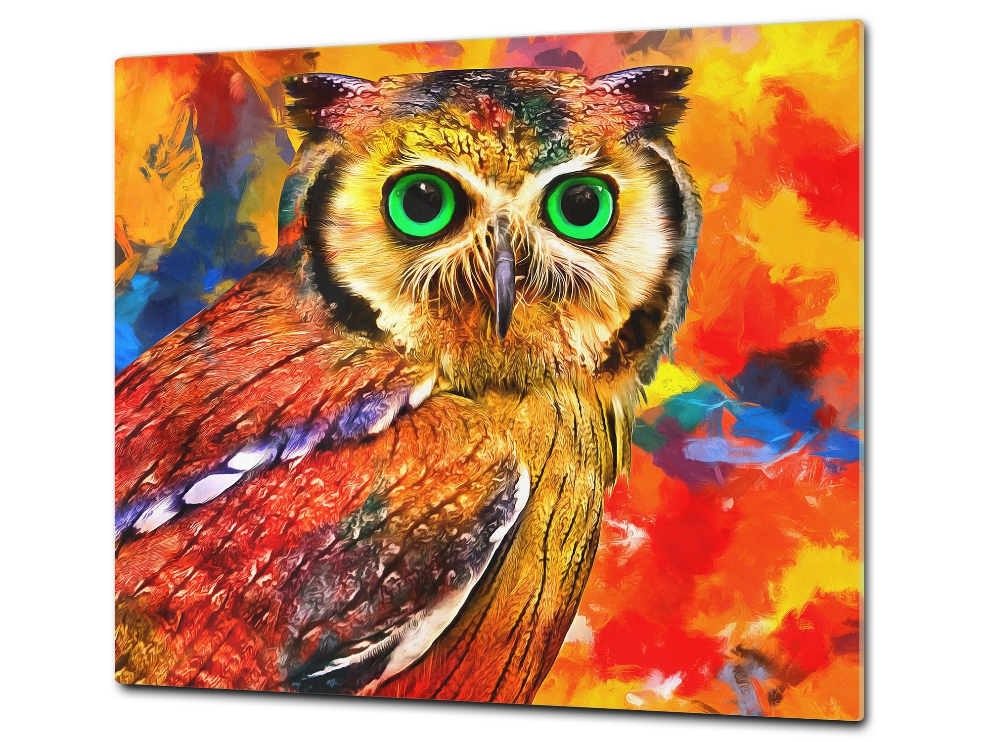 Induction Cooktop Cover Kitchen Board – Impact Resistant Glass Pastry Board; MEASURES: SINGLE: 60 x 52 cm (23,62” x 20,47”); DOUBLE: 30 x 52 cm (11,81” x 20,47”); D37 Animals Series : Colourful owl