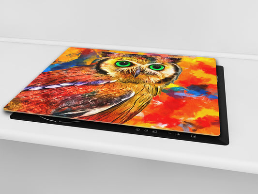 Induction Cooktop Cover Kitchen Board – Impact Resistant Glass Pastry Board; MEASURES: SINGLE: 60 x 52 cm (23,62” x 20,47”); DOUBLE: 30 x 52 cm (11,81” x 20,47”); D37 Animals Series : Colourful owl