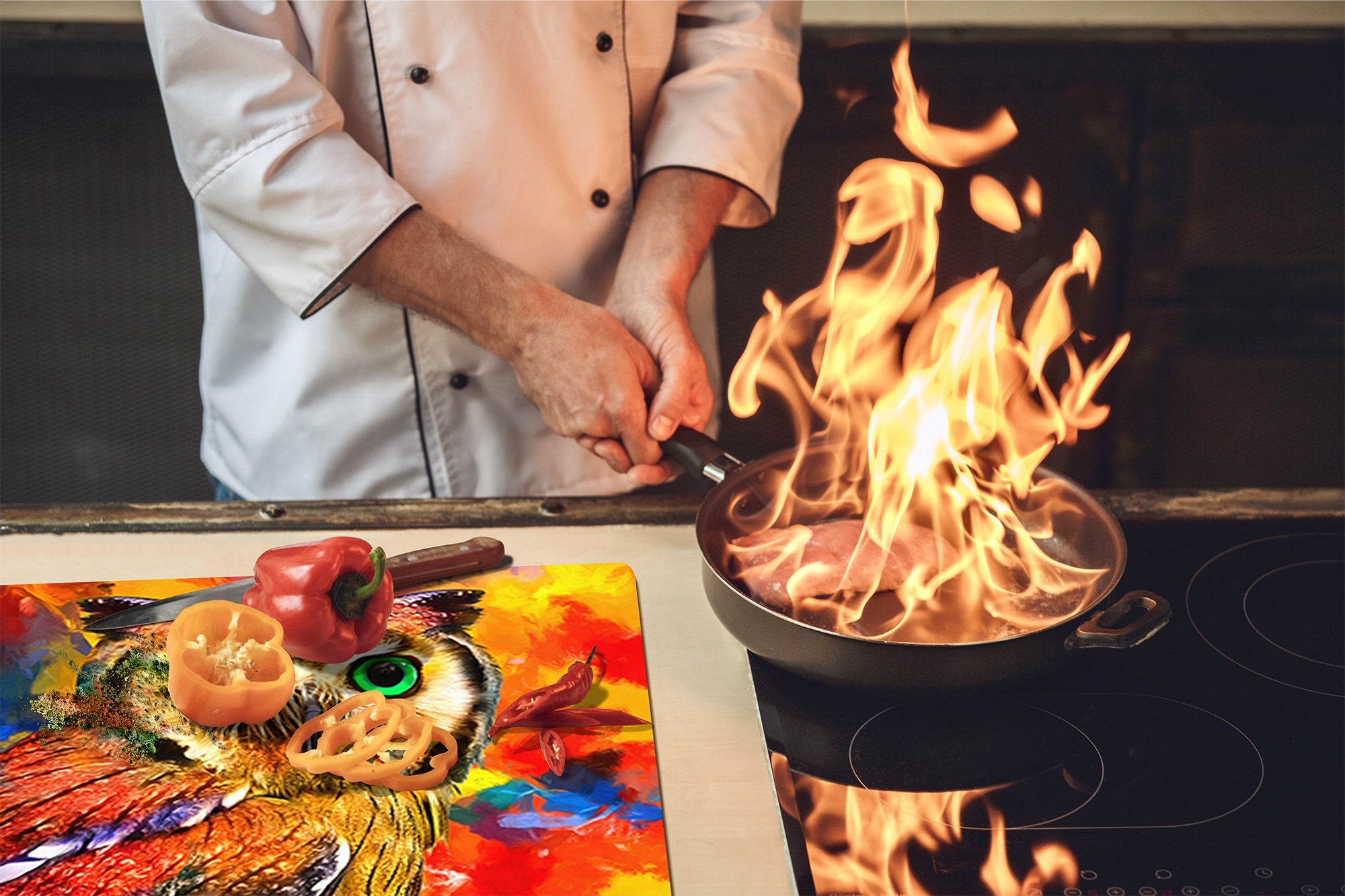 Induction Cooktop Cover Kitchen Board – Impact Resistant Glass Pastry Board; MEASURES: SINGLE: 60 x 52 cm (23,62” x 20,47”); DOUBLE: 30 x 52 cm (11,81” x 20,47”); D37 Animals Series : Colourful owl