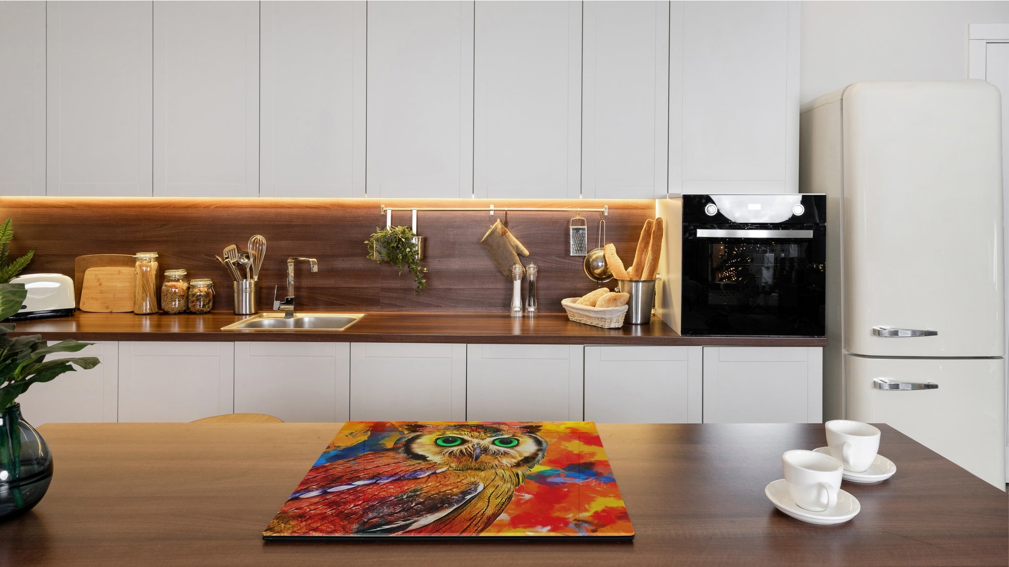 Induction Cooktop Cover Kitchen Board – Impact Resistant Glass Pastry Board; MEASURES: SINGLE: 60 x 52 cm (23,62” x 20,47”); DOUBLE: 30 x 52 cm (11,81” x 20,47”); D37 Animals Series : Colourful owl
