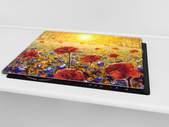 Premium Tempered Glass Cutting Board and Worktop Saver – Glass Pastry Board and Cooktop Cover – MEASURES: SINGLE: 60 x 52 cm; DOUBLE: 2 x 30 x 52 cm; D40 Colorful Illustrations Series : Impressionist Poppy Field