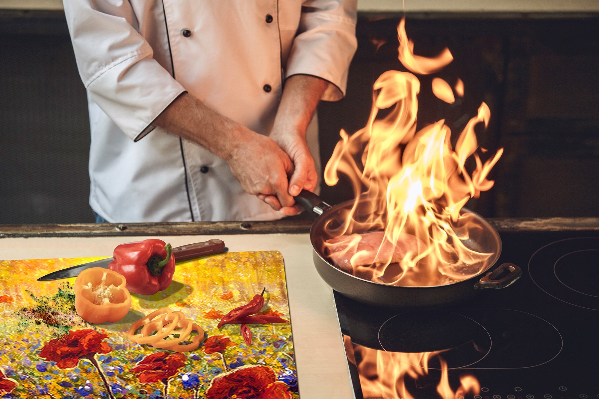 Premium Tempered Glass Cutting Board and Worktop Saver – Glass Pastry Board and Cooktop Cover – MEASURES: SINGLE: 60 x 52 cm; DOUBLE: 2 x 30 x 52 cm; D40 Colorful Illustrations Series : Impressionist Poppy Field