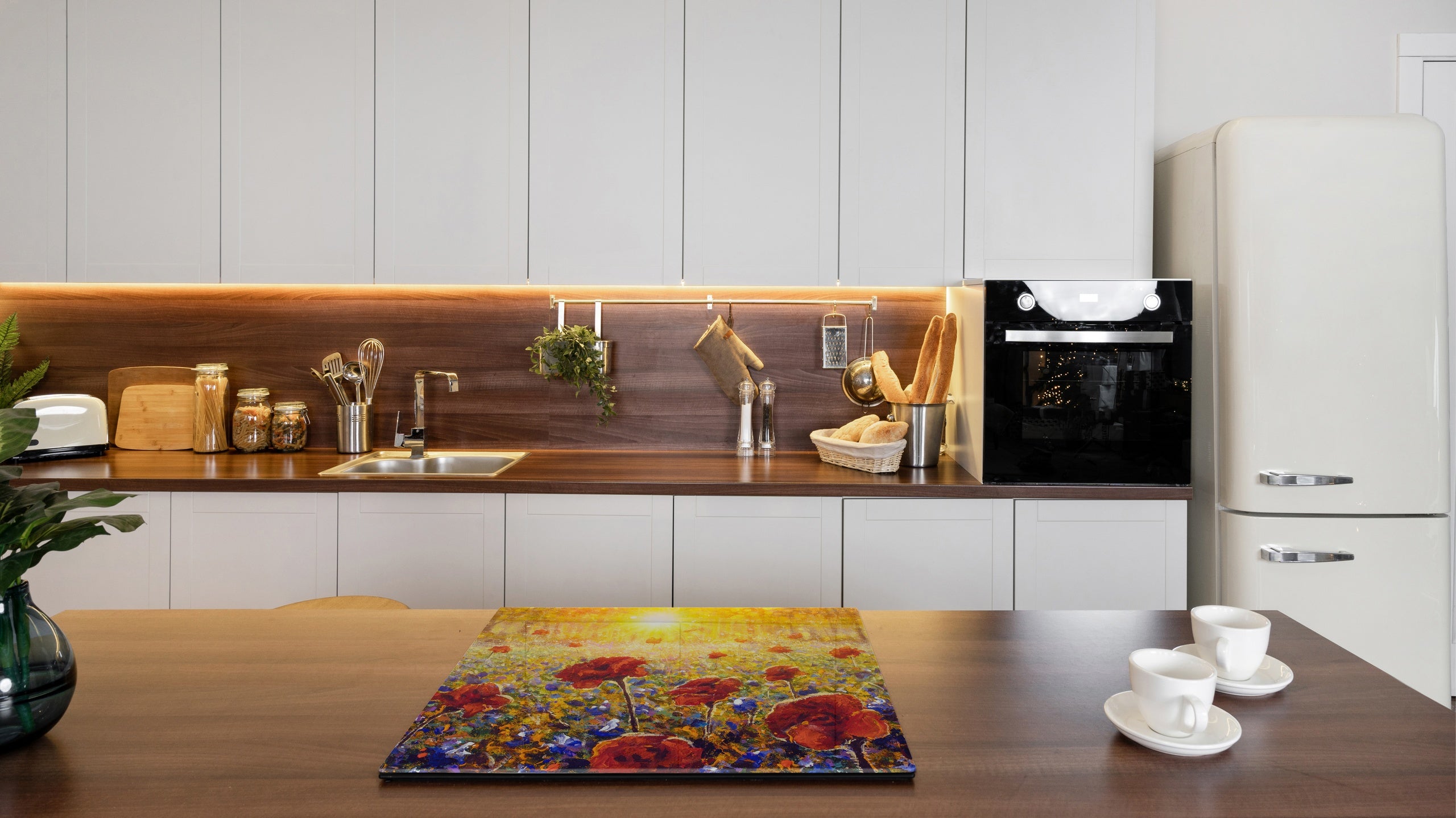 Premium Tempered Glass Cutting Board and Worktop Saver – Glass Pastry Board and Cooktop Cover – MEASURES: SINGLE: 60 x 52 cm; DOUBLE: 2 x 30 x 52 cm; D40 Colorful Illustrations Series : Impressionist Poppy Field