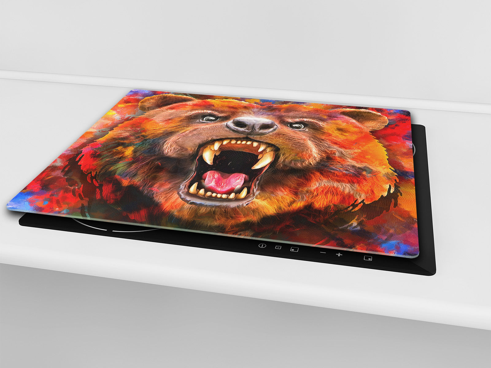 Induction Cooktop Cover Kitchen Board – Impact Resistant Glass Pastry Board; MEASURES: SINGLE: 60 x 52 cm (23,62” x 20,47”); DOUBLE: 30 x 52 cm (11,81” x 20,47”); D37 Animals Series : Colourful bear