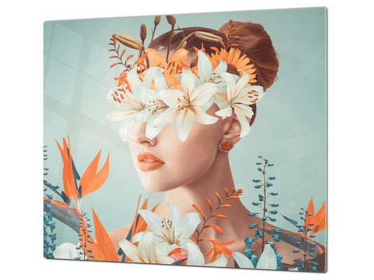 Chopping Board - Induction Cooktop Cover - Glass Cutting Board – Impact & Shatter Resistant – MEASURES: SINGLE: 60 x 52 cm; DOUBLE: 2 x 30 x 52 cm; D42 Modern Art Series : Blooming Lady