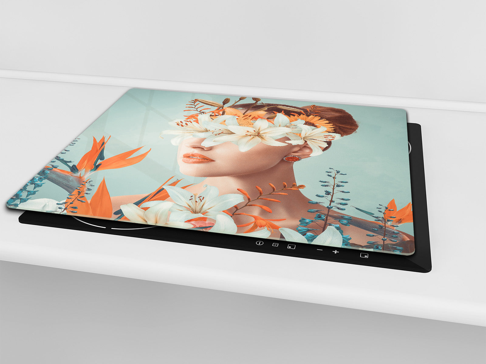 Chopping Board - Induction Cooktop Cover - Glass Cutting Board – Impact & Shatter Resistant – MEASURES: SINGLE: 60 x 52 cm; DOUBLE: 2 x 30 x 52 cm; D42 Modern Art Series : Blooming Lady