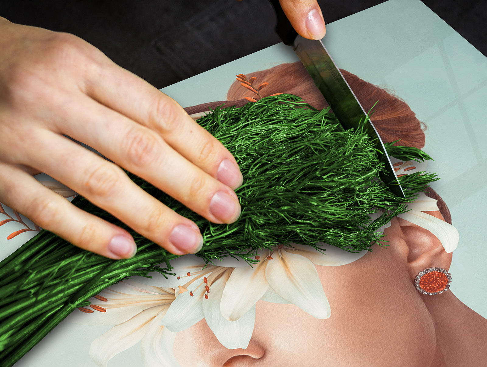 Chopping Board - Induction Cooktop Cover - Glass Cutting Board – Impact & Shatter Resistant – MEASURES: SINGLE: 60 x 52 cm; DOUBLE: 2 x 30 x 52 cm; D42 Modern Art Series : Blooming Lady