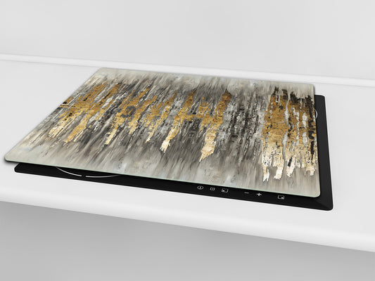 Versatile Tempered Glass Worktop Saver and Induction Cooktop Cover – Durable and Scratch-Resistant – MEASURES: SINGLE: 60 x 52 cm; DOUBLE: 2 x 30 x 52 cm; D41 Abstract Concepts Series 1 : Modern Golden Scratches