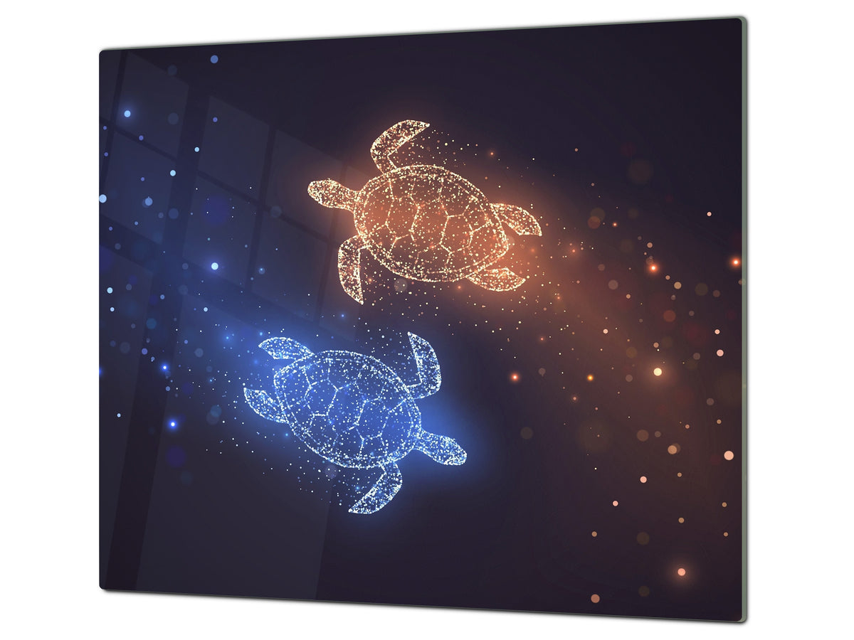 Chopping Board - Induction Cooktop Cover - Glass Cutting Board – Impact & Shatter Resistant – MEASURES: SINGLE: 60 x 52 cm; DOUBLE: 2 x 30 x 52 cm; D42 Modern Art Series : Neon Turtles