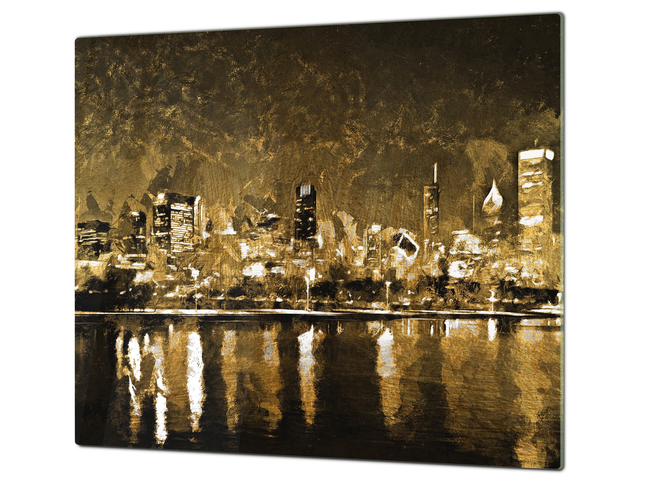 Tempered Glass Multi-Function Board: Cooktop Cover, Pastry and Hot Pot Stand and Worktop Saver – MEASURES: SINGLE: 60 x 52 cm; DOUBLE: 2 x 30 x 52 cm; D43 Abstract Concepts Series 2 : Golden City Landscape