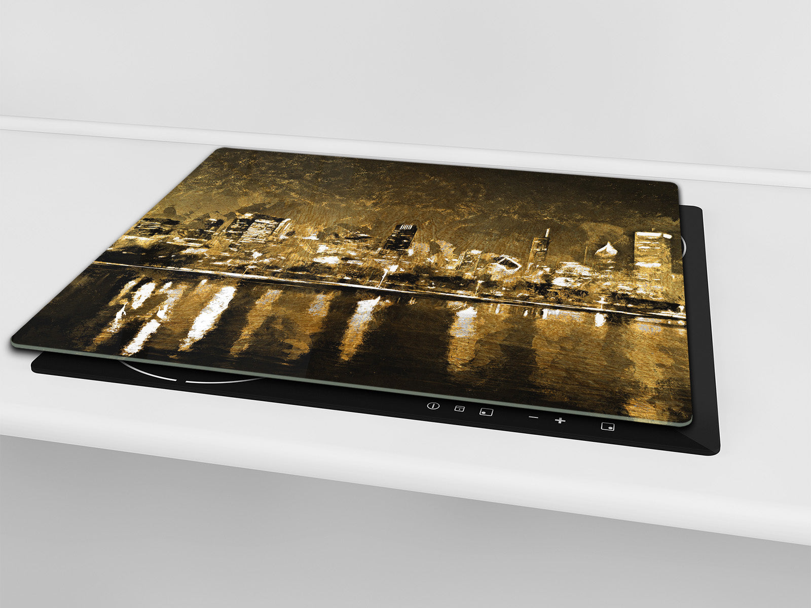 Tempered Glass Multi-Function Board: Cooktop Cover, Pastry and Hot Pot Stand and Worktop Saver – MEASURES: SINGLE: 60 x 52 cm; DOUBLE: 2 x 30 x 52 cm; D43 Abstract Concepts Series 2 : Golden City Landscape