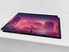 Chopping Board - Induction Cooktop Cover - Glass Cutting Board – Impact & Shatter Resistant – MEASURES: SINGLE: 60 x 52 cm; DOUBLE: 2 x 30 x 52 cm; D42 Modern Art Series : Urban Cherry Tree