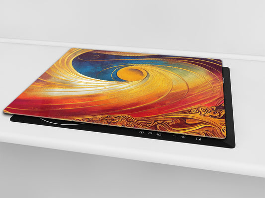 Tempered Glass Multi-Function Board: Cooktop Cover, Pastry and Hot Pot Stand and Worktop Saver – MEASURES: SINGLE: 60 x 52 cm; DOUBLE: 2 x 30 x 52 cm; D43 Abstract Concepts Series 2 : Golden Whirlwind