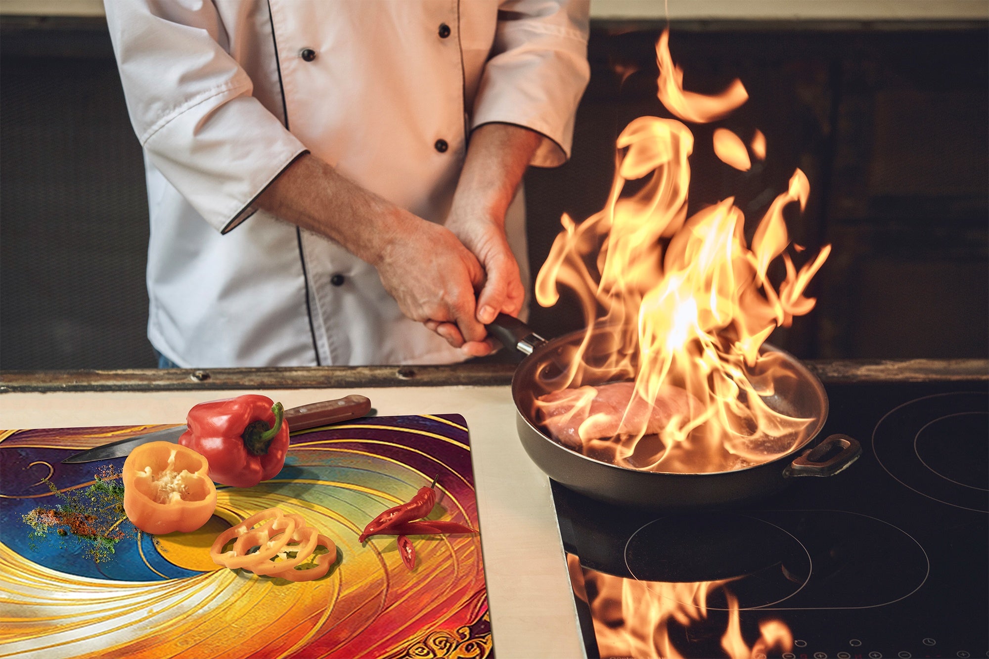 Tempered Glass Multi-Function Board: Cooktop Cover, Pastry and Hot Pot Stand and Worktop Saver – MEASURES: SINGLE: 60 x 52 cm; DOUBLE: 2 x 30 x 52 cm; D43 Abstract Concepts Series 2 : Golden Whirlwind