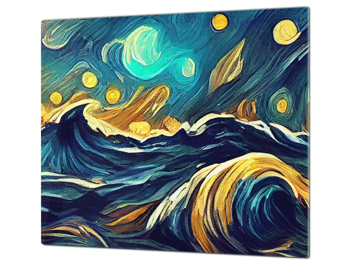 Tempered Glass Multi-Function Board: Cooktop Cover, Pastry and Hot Pot Stand and Worktop Saver – MEASURES: SINGLE: 60 x 52 cm; DOUBLE: 2 x 30 x 52 cm; D43 Abstract Concepts Series 2 : Moonlit Ocean