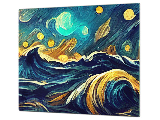 Tempered Glass Multi-Function Board: Cooktop Cover, Pastry and Hot Pot Stand and Worktop Saver – MEASURES: SINGLE: 60 x 52 cm; DOUBLE: 2 x 30 x 52 cm; D43 Abstract Concepts Series 2 : Moonlit Ocean