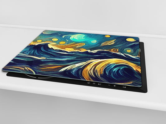 Tempered Glass Multi-Function Board: Cooktop Cover, Pastry and Hot Pot Stand and Worktop Saver – MEASURES: SINGLE: 60 x 52 cm; DOUBLE: 2 x 30 x 52 cm; D43 Abstract Concepts Series 2 : Moonlit Ocean