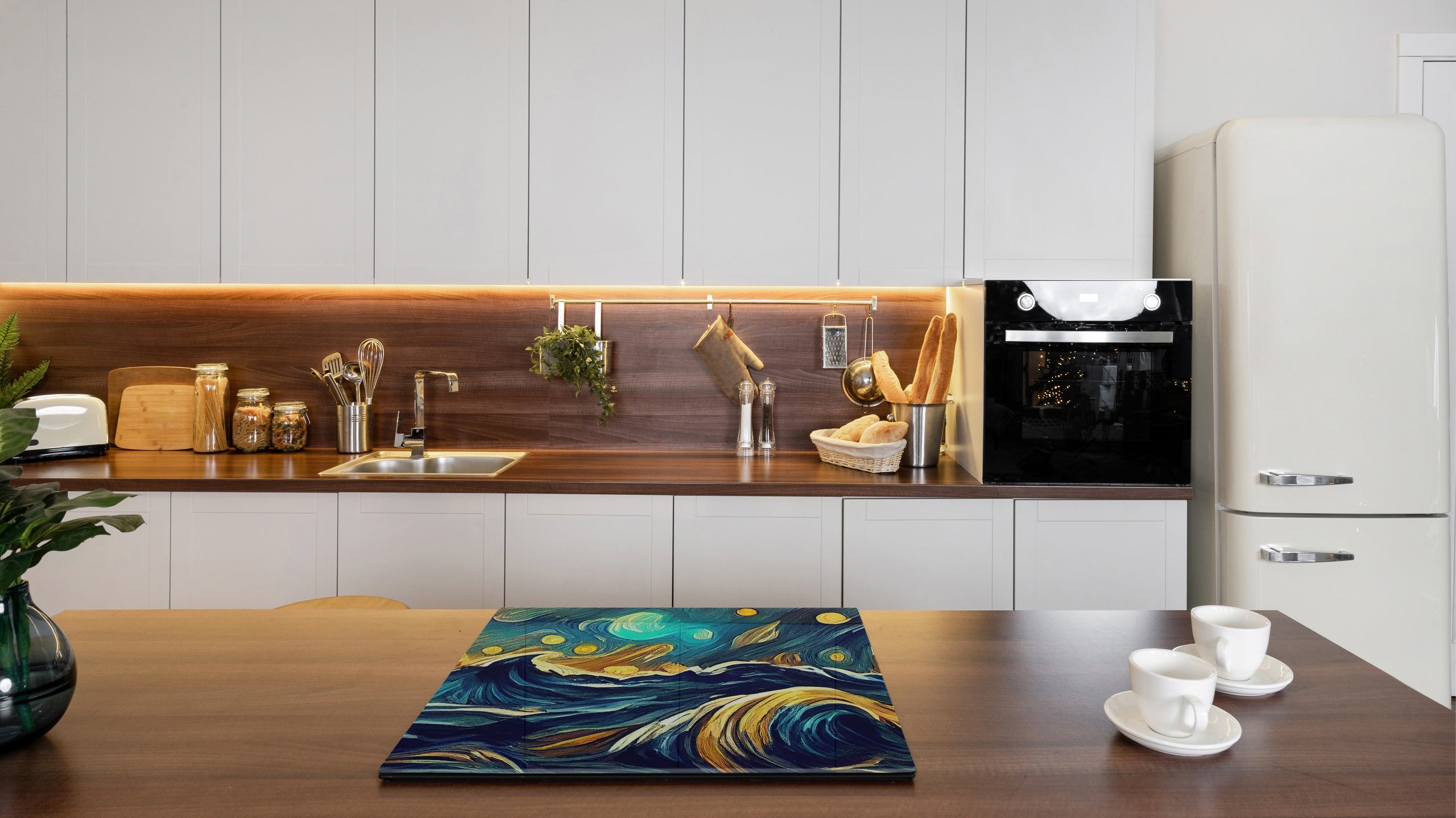 Tempered Glass Multi-Function Board: Cooktop Cover, Pastry and Hot Pot Stand and Worktop Saver – MEASURES: SINGLE: 60 x 52 cm; DOUBLE: 2 x 30 x 52 cm; D43 Abstract Concepts Series 2 : Moonlit Ocean
