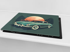 Chopping Board - Induction Cooktop Cover - Glass Cutting Board – Impact & Shatter Resistant – MEASURES: SINGLE: 60 x 52 cm; DOUBLE: 2 x 30 x 52 cm; D42 Modern Art Series : Minimalist Oldschool Car