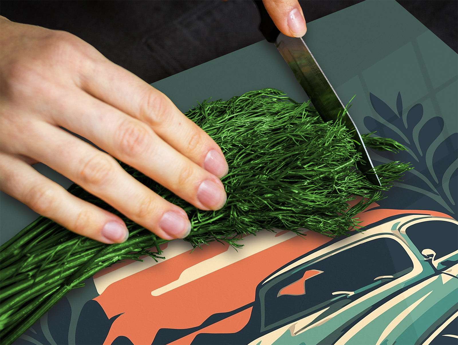 Chopping Board - Induction Cooktop Cover - Glass Cutting Board – Impact & Shatter Resistant – MEASURES: SINGLE: 60 x 52 cm; DOUBLE: 2 x 30 x 52 cm; D42 Modern Art Series : Minimalist Oldschool Car