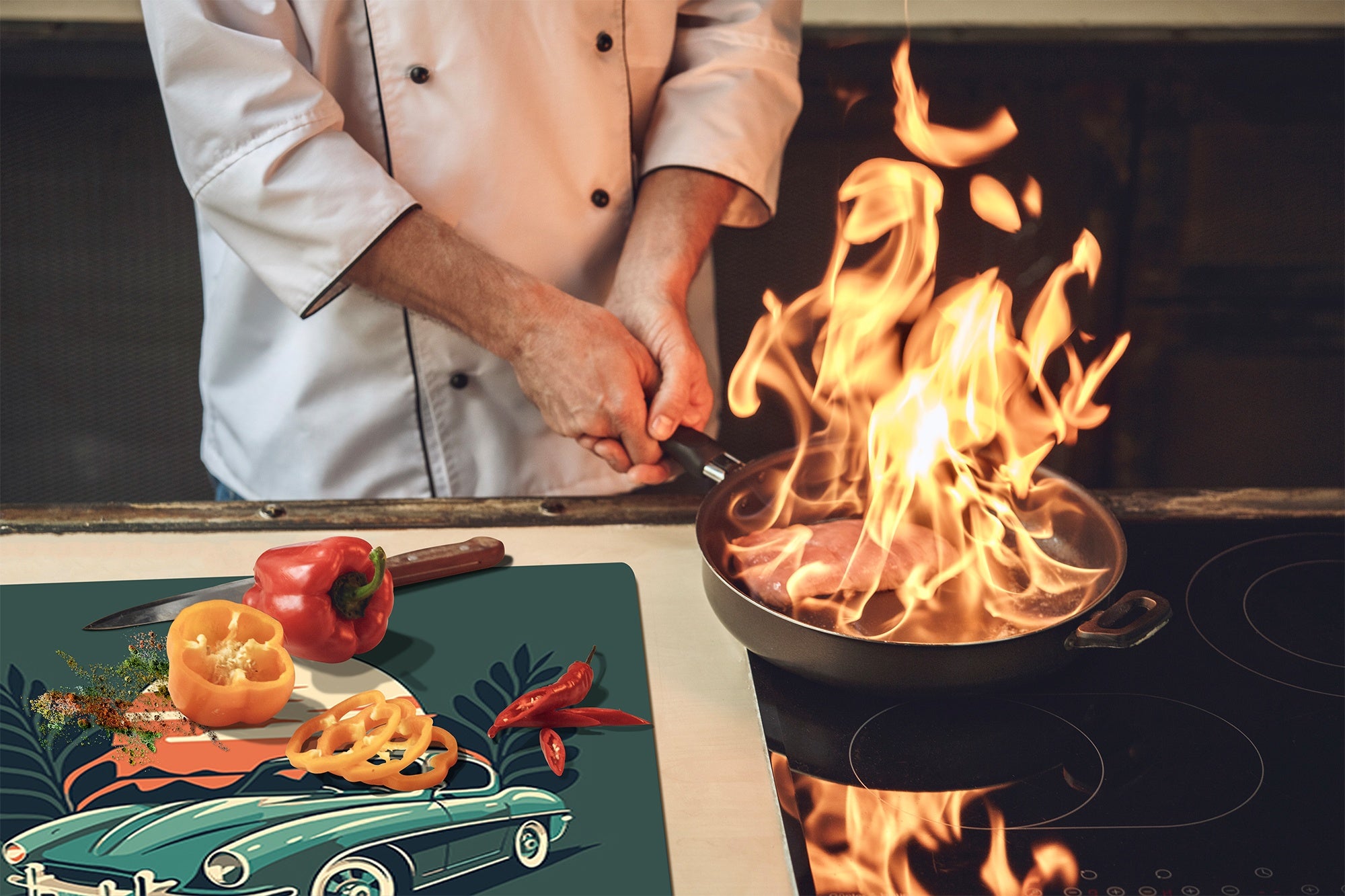 Chopping Board - Induction Cooktop Cover - Glass Cutting Board – Impact & Shatter Resistant – MEASURES: SINGLE: 60 x 52 cm; DOUBLE: 2 x 30 x 52 cm; D42 Modern Art Series : Minimalist Oldschool Car