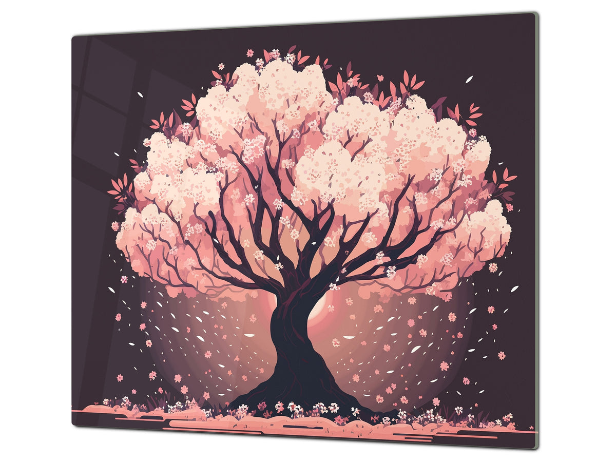Chopping Board - Induction Cooktop Cover - Glass Cutting Board – Impact & Shatter Resistant – MEASURES: SINGLE: 60 x 52 cm; DOUBLE: 2 x 30 x 52 cm; D42 Modern Art Series : Japanese Sakura Tree