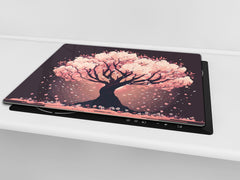 Chopping Board - Induction Cooktop Cover - Glass Cutting Board – Impact & Shatter Resistant – MEASURES: SINGLE: 60 x 52 cm; DOUBLE: 2 x 30 x 52 cm; D42 Modern Art Series : Japanese Sakura Tree