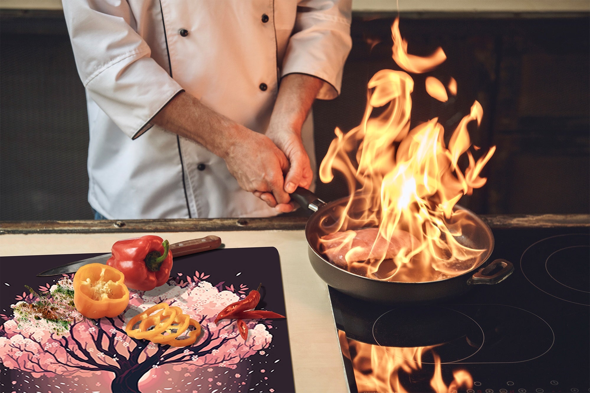 Chopping Board - Induction Cooktop Cover - Glass Cutting Board – Impact & Shatter Resistant – MEASURES: SINGLE: 60 x 52 cm; DOUBLE: 2 x 30 x 52 cm; D42 Modern Art Series : Japanese Sakura Tree