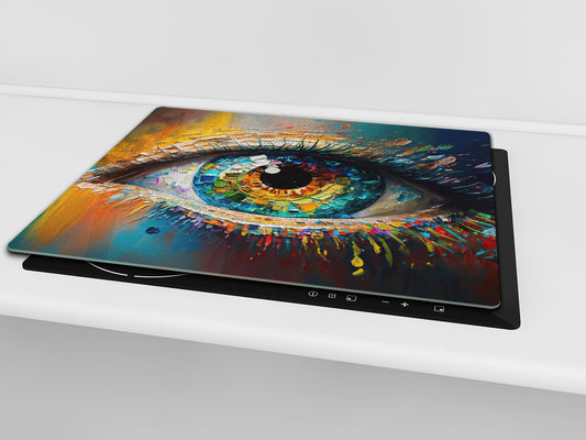 Premium Tempered Glass Cutting Board and Worktop Saver – Glass Pastry Board and Cooktop Cover – MEASURES: SINGLE: 60 x 52 cm; DOUBLE: 2 x 30 x 52 cm; D40 Colorful Illustrations Series : Multicolored Eye 2