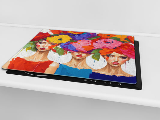 Premium Tempered Glass Cutting Board and Worktop Saver – Glass Pastry Board and Cooktop Cover – MEASURES: SINGLE: 60 x 52 cm; DOUBLE: 2 x 30 x 52 cm; D40 Colorful Illustrations Series : Flower Faces