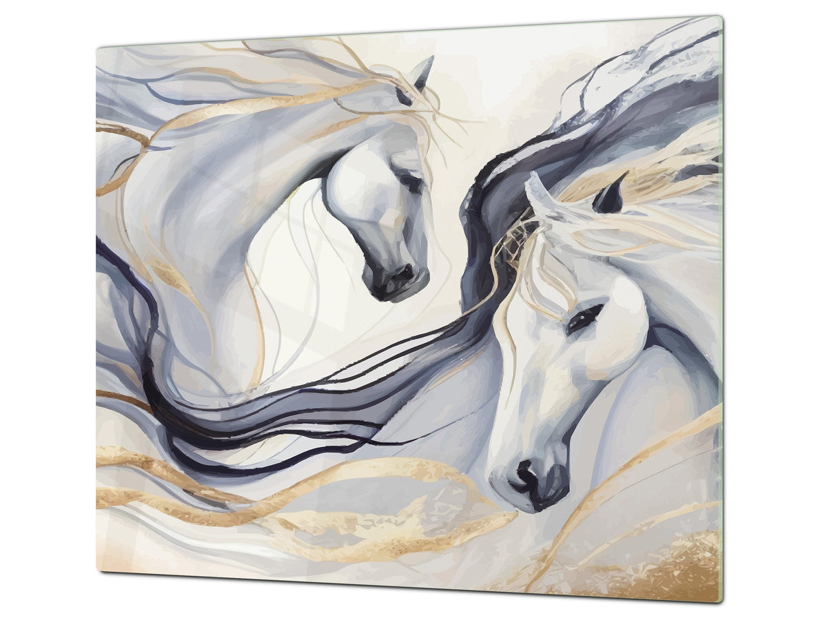 Tempered Glass Multi-Function Board: Cooktop Cover, Pastry and Hot Pot Stand and Worktop Saver – MEASURES: SINGLE: 60 x 52 cm; DOUBLE: 2 x 30 x 52 cm; D43 Abstract Concepts Series 2 : Dance of Horses