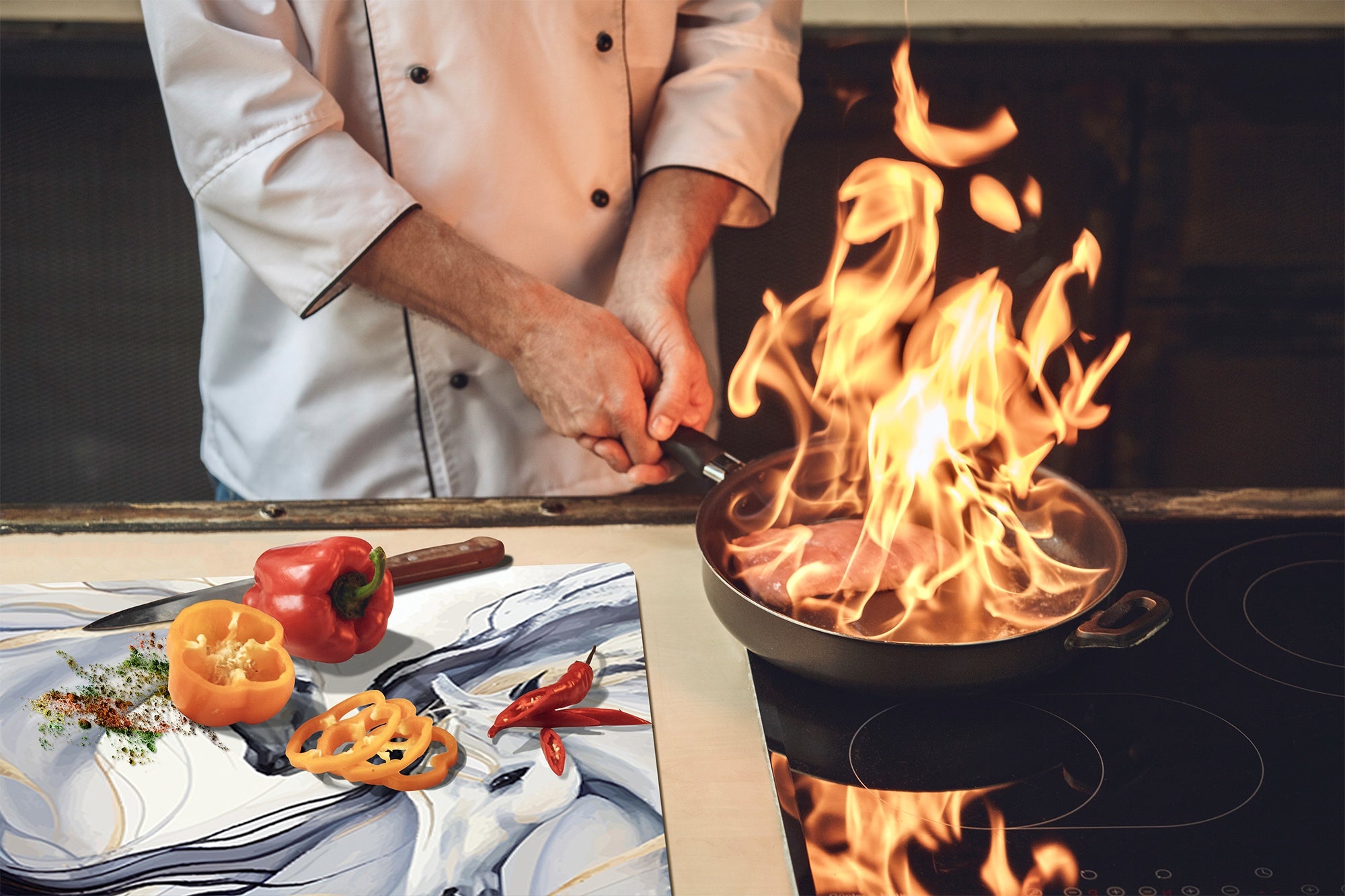 Tempered Glass Multi-Function Board: Cooktop Cover, Pastry and Hot Pot Stand and Worktop Saver – MEASURES: SINGLE: 60 x 52 cm; DOUBLE: 2 x 30 x 52 cm; D43 Abstract Concepts Series 2 : Dance of Horses