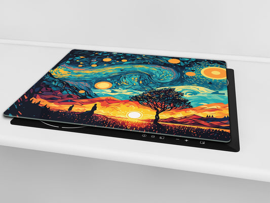 Premium Tempered Glass Cutting Board and Worktop Saver – Glass Pastry Board and Cooktop Cover – MEASURES: SINGLE: 60 x 52 cm; DOUBLE: 2 x 30 x 52 cm; D40 Colorful Illustrations Series : Geometic Sunrise